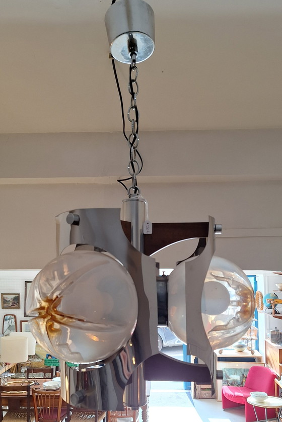 Image 1 of Lampada a sospensione in metallo e 3 globi in vetro di Murano