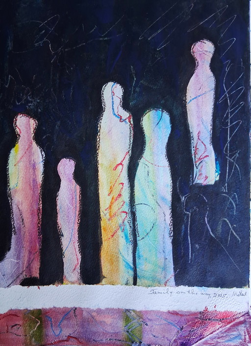 Family on the way,geschildetd in gemengde techniek op 300 gram aquarelpapier