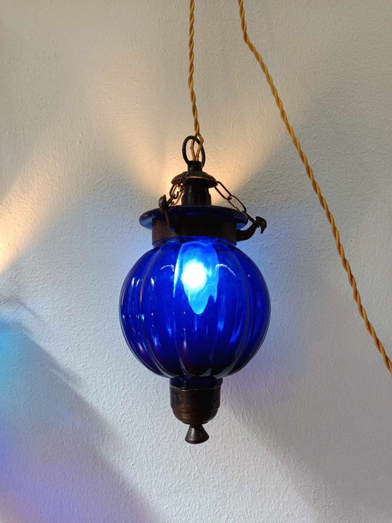 Image 1 of 2x Lampes Photophores en Verre Bleu Inde