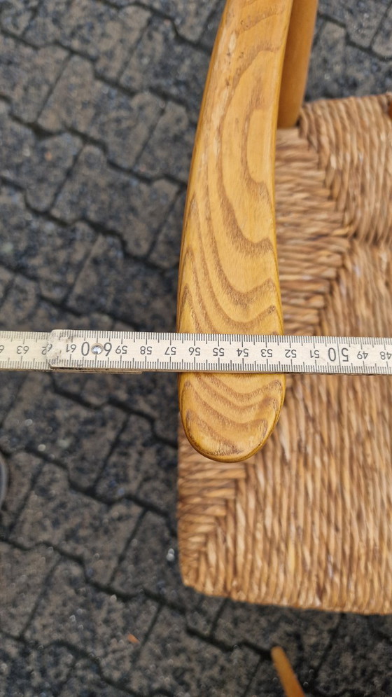 Image 1 of Juego de comedor de los años 50, madera de haya y caña – 6 sillas + banco, estilo Arno Lambrecht