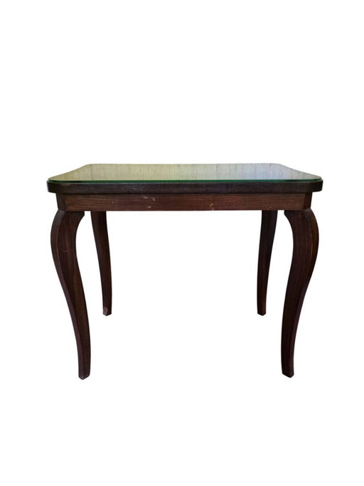 Tavolino vintage in legno scuro con piano in vetro e gambe curve. – bijzettafels, Glass, Wood (photo 2 of 5)
