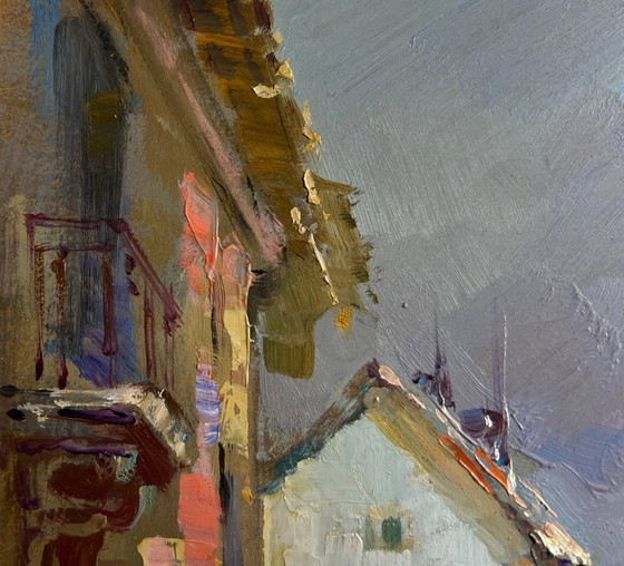 Image 1 of Origineel olieverfschilderij: Somber stadslandschap, wandelend door de stadsstraat.