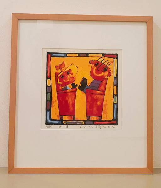 Ad Verstijnen screen print, two figures in chairs