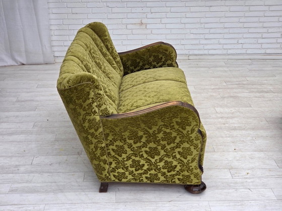 Image 1 of 1960s, Danish 3-seater sofa, furniture velour, carved oak wood.