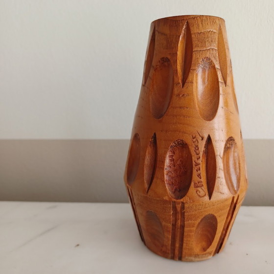 Image 1 of Vintage Hand Carved Wooden Vase