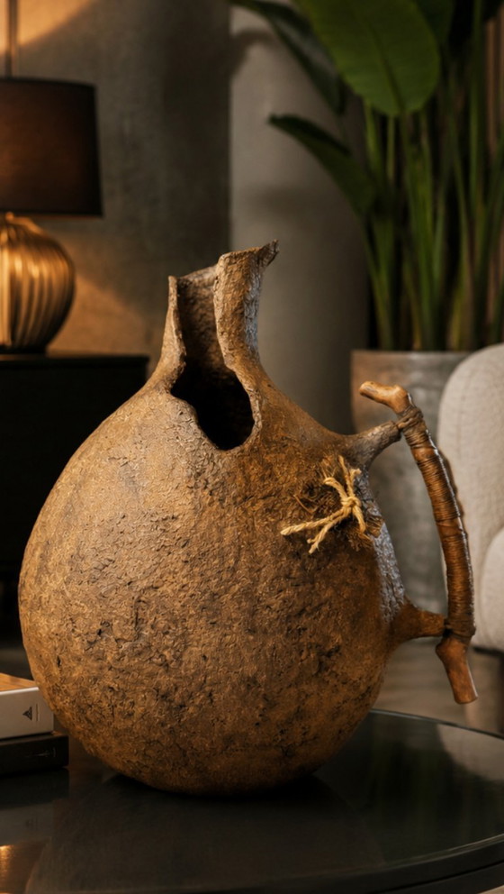 Image 1 of Large Wabi Sabi Paper Mache Vase with Wooden Handle | 43cm Handmade Sculptural Vessel | Rustic Organic Modern Home Decor