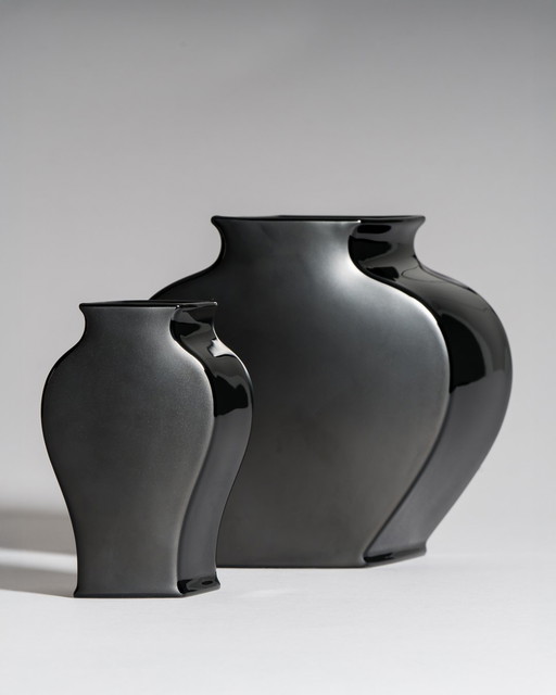 Tadao Amano for Rosenthal Studio-Line “Sakura” Vase Pair in Porcelaine Noire — Matte & Glossy Black, 1980s Germany / Japan