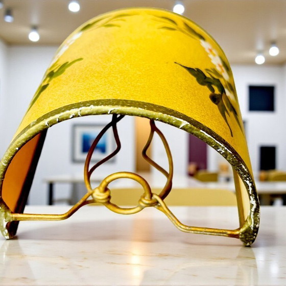 Image 1 of PAIR French Art Deco green ceramic wall sconces with hand-painted half shades, 1940s,