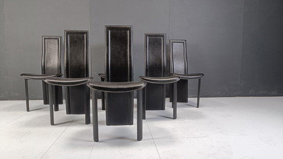 Image 1 of Schwarze Leder-Esszimmerstühle mit hoher Rückenlehne, Satz von 6, 1980er Jahre