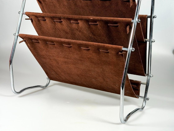 Image 1 of 1960s/70s Newspaper Holder/Magazine Stand, Metal/Leather, Mid-Century Design
