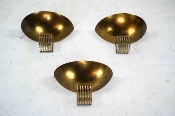 Image 1 of Set of three Italian Deco-style brass wall sconces, Italy 1970s