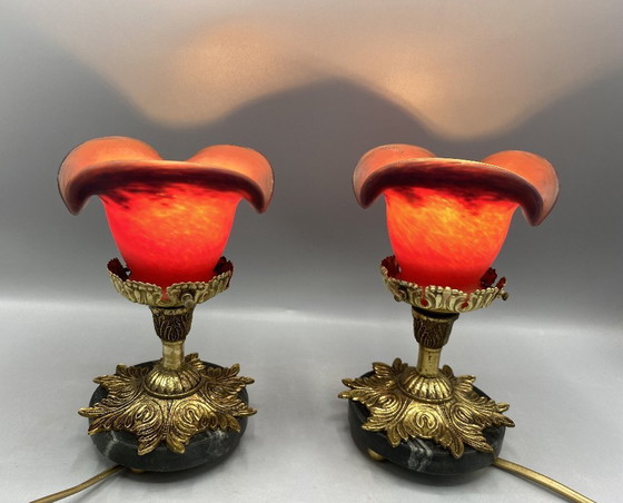 Image 1 of Set di 2 lampade da tavolo antiche in stile Art Nouveau - Vetro rosso