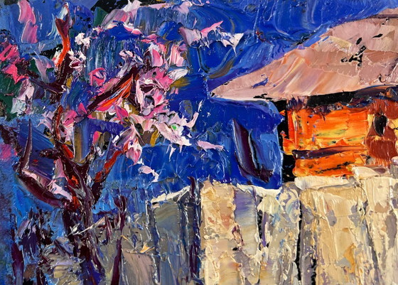 Image 1 of Original Oil Painting Winter Village Landscape Warm evening in grandma's house