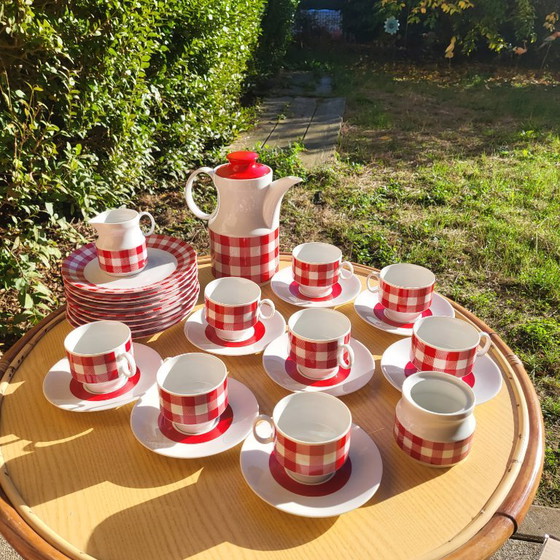 Vichy red and white checkered coffee/tea set, 1960-70, KRONESTER BAVARIA, Crockery, Porcelain, Vintage (photo 4 of 15)