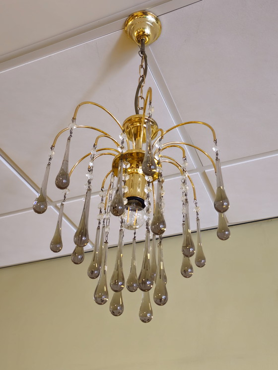 Image 1 of Lampadario a goccia vintage di Murano Lampada a sospensione in ottone fumé