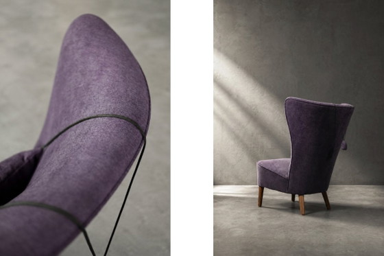 Image 1 of Vintage Scandinavisch-moderne fauteuil met hoge rugleuning, eikenhout en paarse stof, jaren 1950.