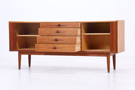 Image 1 of Vintage teak sideboard 60s | Mid - Century sideboard with drawers & slatted doors retro wood storage #08-22