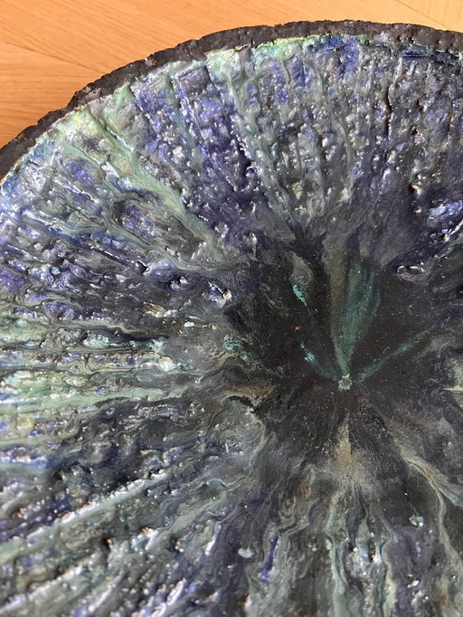 Very robust blue green bowl Raku ceramic handmade