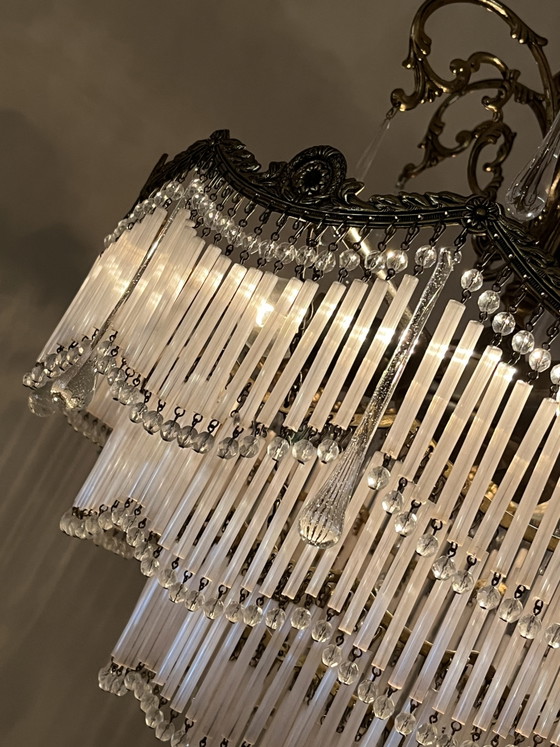 Vintage Bronze Art Nouveau Chandelier Opal Rods and Teardrop Pebbles – Crystal (photo 10 of 13)