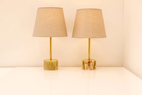 Image 1 of Mid-century modern Italian onyx and brass table lamps, set of 2
