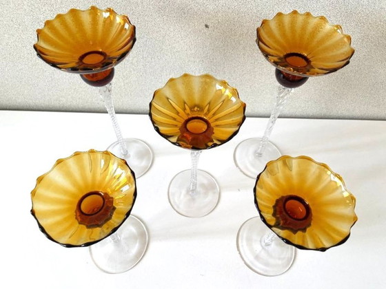 Image 1 of Élégant Quintuor Photophores Bougeoirs en Verre Cristal Art Design Empoli Italie