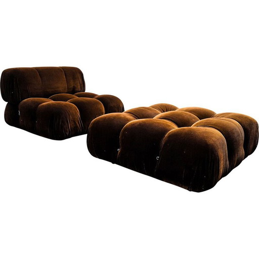 Poltrona e pouf vintage in velluto marrone modello Camaleonda di Mario Bellini per B&amp;B Italia C&amp;B Italia, anni '70