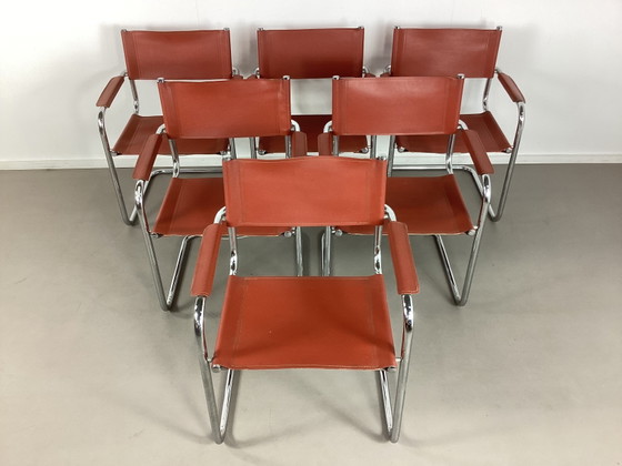6 Vintage Mart Stam S34 Slede Design Stoelen Seventies – Eetkamerstoelen, polished steel, Leather (photo 3 of 11)