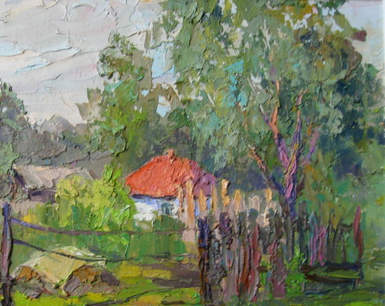 Origineel Olieschilderij Landelijk Landschap Zomerdorp Wit Huis – Schilderijen & Tekeningen, Canvas (photo 5 of 8)