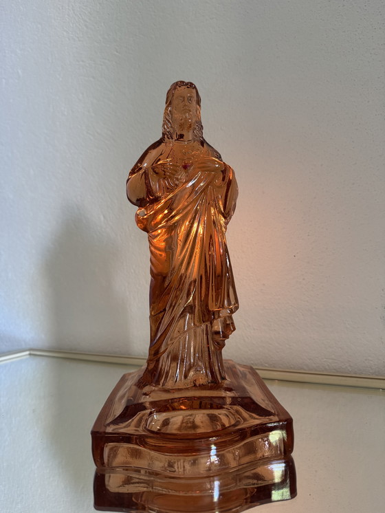 Image 1 of Großer Christus aus rosafarbenem Glas 40er Jahre