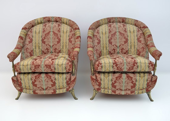 Image 1 of Paire de fauteuils français de style Art déco en laiton et tissu, années 1950