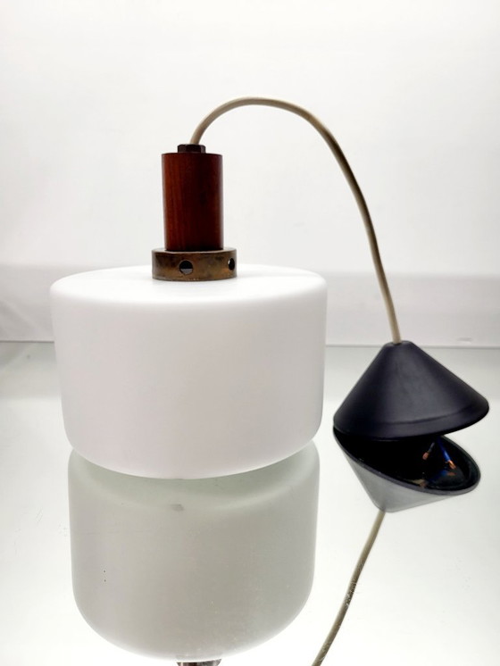 Image 1 of Vintage opaline glazen hanglamp, Scandinavische stijl, teak en messing, jaren 60