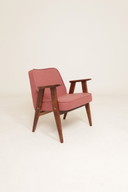 Fauteuil lounge style rétro, revêtement en laine rose indienne, remis à neuf