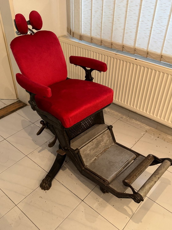 Barber Chair with Red Upholstery and Adjustable Footrest – Adjustable recliner chair, Cast Iron, Velvet (photo 8 of 8)