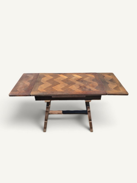 Rustic Oak Parquet Dining Table with Two Extensions – Wood (photo 2 of 5)