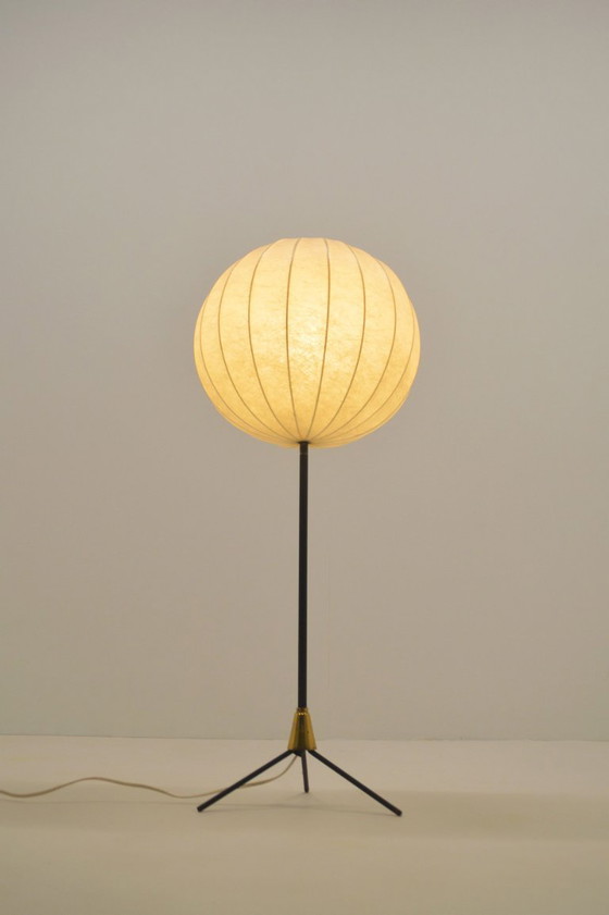 Image 1 of Lampadaire trépied vintage en forme de cocon avec accents en laiton, années 1960