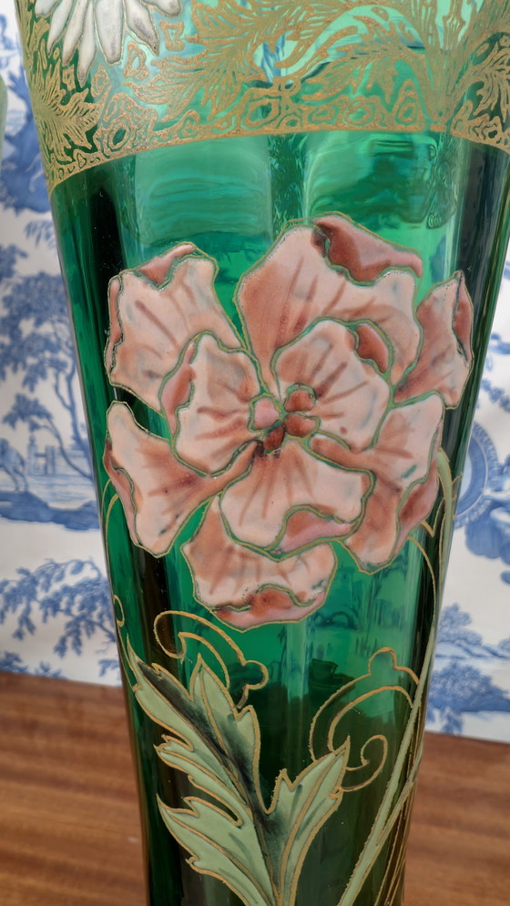 Image 1 of Coppia di vasi in vetro smaltato verde con fiori Art Nouveau di Legras-Montjoye