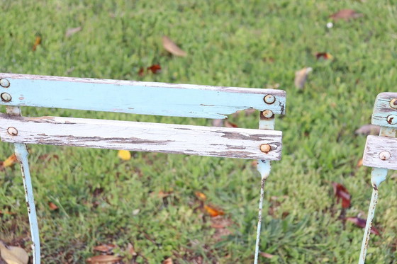 Image 1 of Set of 8 French Bistro Garden Folding Chairs in Iron and Wood Slats