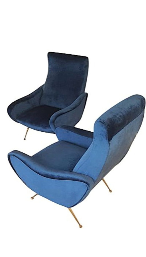 Mid Century Blauw Fluwelen Fauteuils, Set van 2