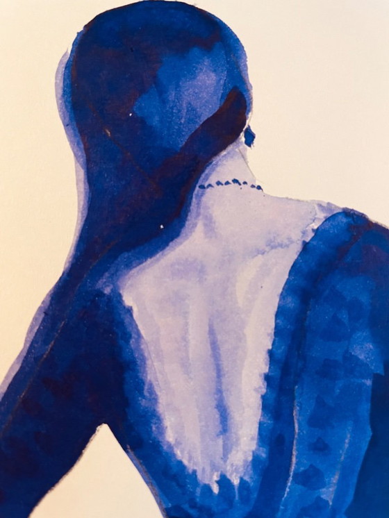 Image 1 of Monochrome indigo blue watercolor portrait of a woman "in a dress"