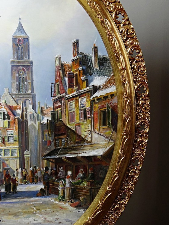 Image 1 of Large framed urban scene oil painting on wood by John Haanstra, vintage
