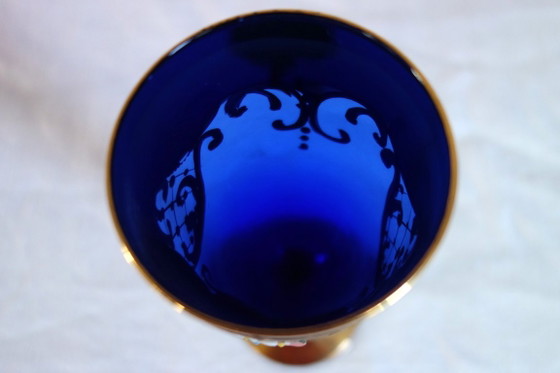12 flûtes verre de Murano bleu cobalt et or mid century, Verres et carafes (photo 8 sur 12)