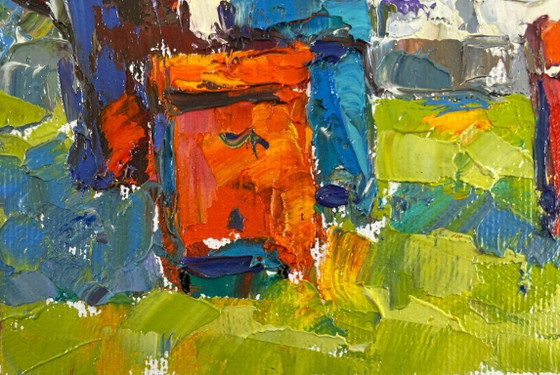 Image 1 of Original Oil Painting Spring House Landscape Backyard moments
