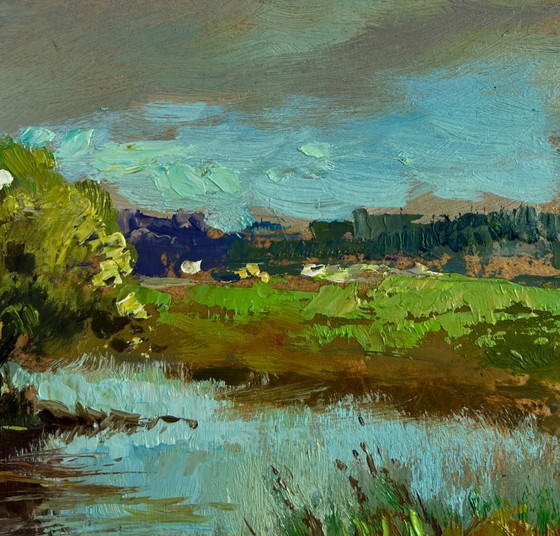 Image 1 of Original Oil Painting Day Coastal Landscape Summer winding river