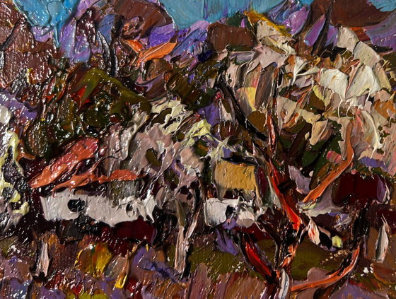 Image 1 of Original Oil Painting Gloomy Trees Landscape Gardens in bloom spring is unfolding