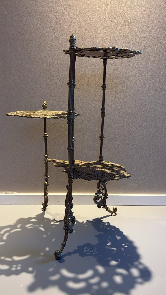 Vintage 1960s Ornate Brass 3-Tier Side Table Or Plant Pot Stand With Deer Motifs – Plant table (photo 7 of 8)