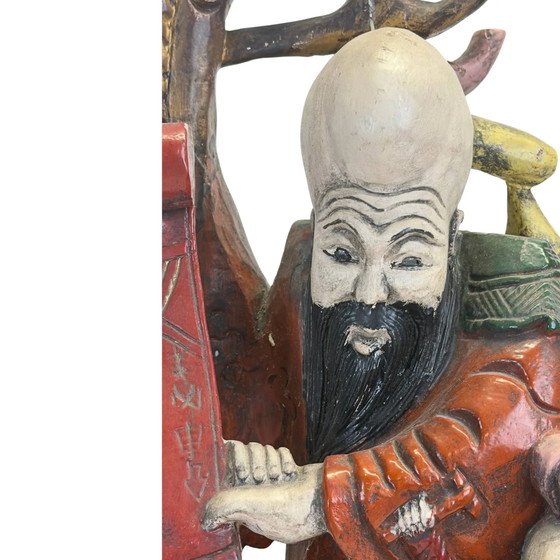 Monumentale Handgesneden Chinese Teakhouten Shoulao Beeldhouwkunst – God van de Levensduur (65.5 x 27.5 cm / (photo 9 of 11)