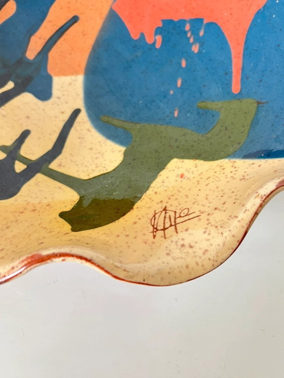 Image 1 of Cuenco de cerámica esmaltada abstracta orgánica / cerca vacía / cesta de fruta firmada