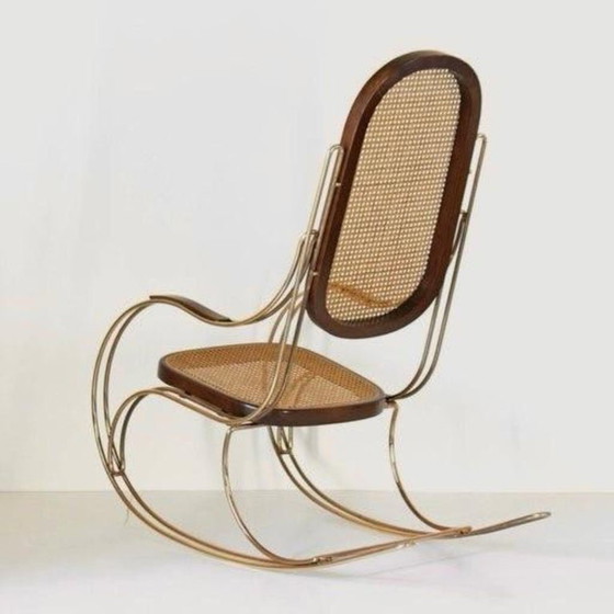 1x 1970s Thonet-Style Rocking Chair, Brass & Wicker, Mid-Century Modern – Rattan (photo 2 of 12)