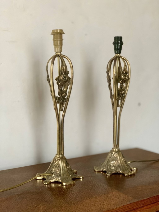 Pair of vintage brass table lamps in art nouveau style