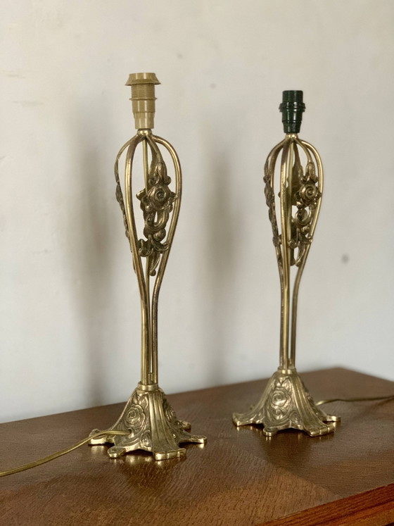 Image 1 of Pair of vintage brass table lamps in art nouveau style
